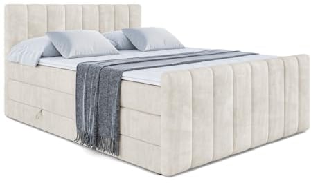 ALTDECOR Boxspringbett mit Matratze und Lattenrost, Topper, Fußteil,Polsterbett mit Bettkasten, Bett mit Stauraum H3- und H4- Matratze, Doppelbett, Springboxbett - OTTA-Z King - 180x200 - Beige Samt