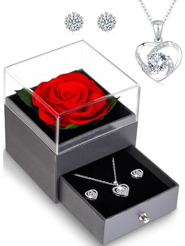 Aucaer Eterna vera rosa con foglie, con collana a cuore e orecchini eterni, confezione regalo per gioielli di rose eterne, adatta per anniversari, festa della mamma, San Valentino e altre occasioni
