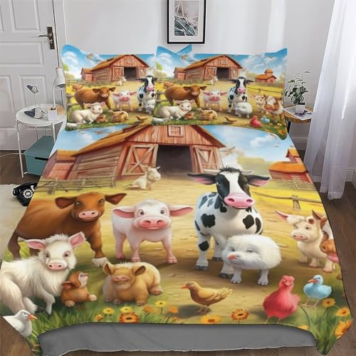 PAZZK Bauernhoftier Bettwäsche Set ; Bettbezüge Mit 3D Muster; Für Jungen Mädchen Atmungsaktive Microfaser Bettbezug Mit Reißverschluss Und Kissenbezug Single (135x200cm)