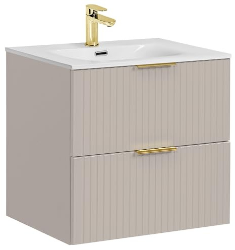 Lomadox Badezimmer Waschtisch 60cm, in Kaschmir, mit 2 Softclose-Schubladen mit Keramik-Waschbecken