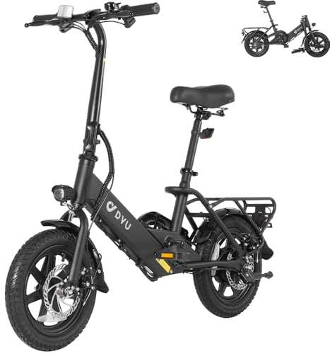 DYU Elektrofahrrad, 14 City EBike Klappbar, Mini Ebike mit Gepäckträger, 36V 7.5AH Batterie, 3 Fahrmodi, Pedal-Assist, Doppel Scheiben Bremse, Falt-Pedelec mit Stoßdämpfer für Herren und Damen