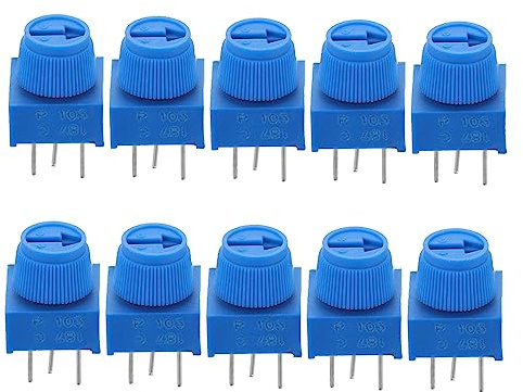 WHAMVOX 10 Pcs 3 Pin Adjustable Resistor Potentiometer for Breadboarding and Printed Circuit Boards, Wear Resistant Plastic and Metal Variable Trimmer for Prototyping