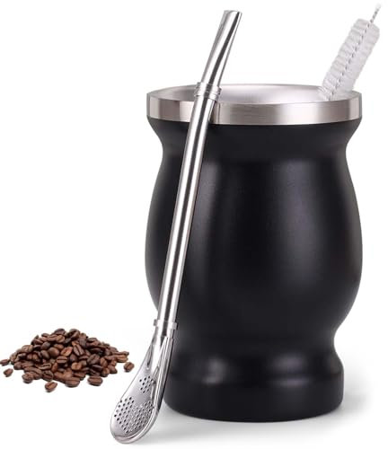 Juego de Taza de Té Mate Con Cuchara y Cepillo de Limpieza - Set de Yerba Mate de Acero Inoxidable - Apto para Lavavajillas y Duradero para Cocina, Restaurante