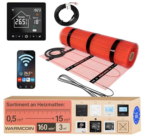 Elektrische Fußbodenheizung Heizmatten-Set mit WLAN-Thermostat 3 m² | Digital & smart per App, Touchscreen, WiFi; Elektro-Flächenheizung 160 W/m², selbstklebend, Bodenfühler; für Fliesen