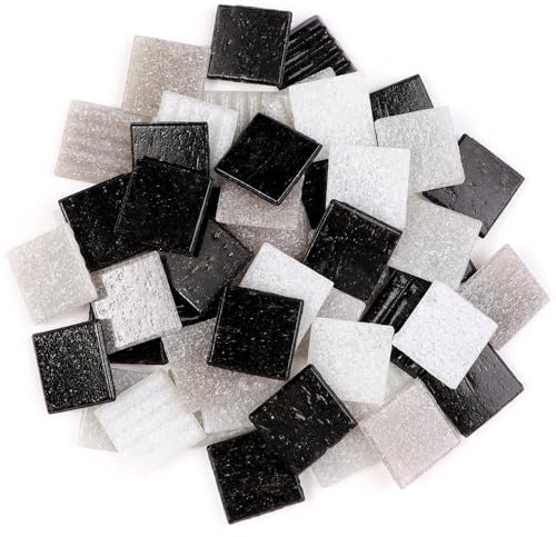 2cm (3/4) Square Vitreous Glass Mosaic Tiles for Crafts Bulk, 1 LB Colorful Mix Quartz Glass Tiles for DIY Art Crafts Kit Adult Kids and Home Deco (Black,White & Grey)