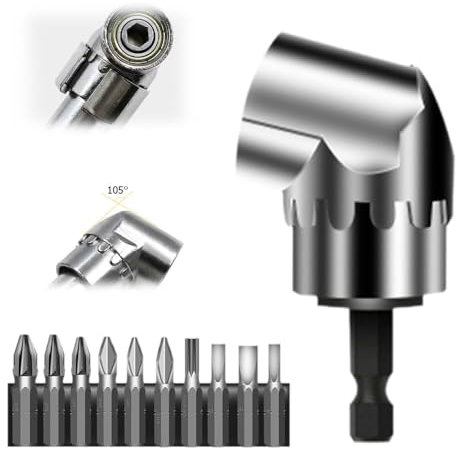 105° Winkelschrauber Vorsatz Adapter, Corner Tool Screw Hub with Multi-function Bend Screwdriver Bit, Winkelbohraufsatz, 1/4-Zoll Sechskantschaft, Winkelgetriebe, für Garage (lange Version)