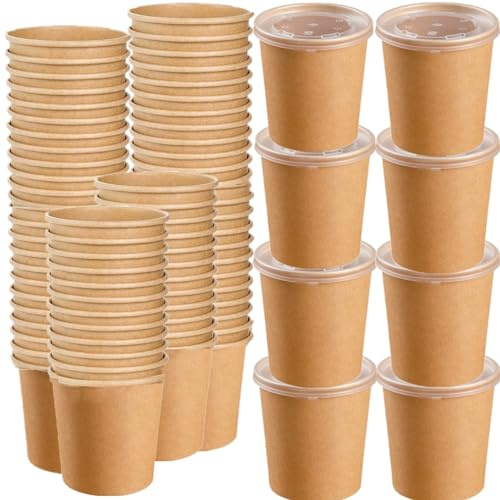HningBuyox Confezione da 80 contenitori per alimenti in carta con coperchio, da 473,6 g, per zuppe calde, usa e getta, per gelato, per Natale, Ringraziamento, adatti al microonde, colore: marrone