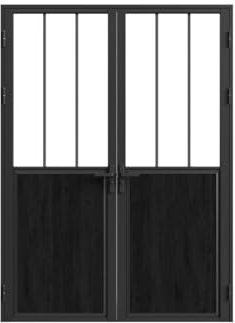 Vente-unique-Puerta de bloque reversible de doble hoja de aluminio y cristal templado tipo taller - 2 x Alt. 204 x L93 cm - Negro - ERMELO