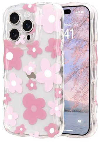 Micoden Cute Curly Wave Case for iPhone 16 Pro,Clear with Anti-Yellowing Flower Floral,Soft TPU Slim Bumper Shockproof Anti-Scratch Protective Wavy Cover for Girls Women-Pink