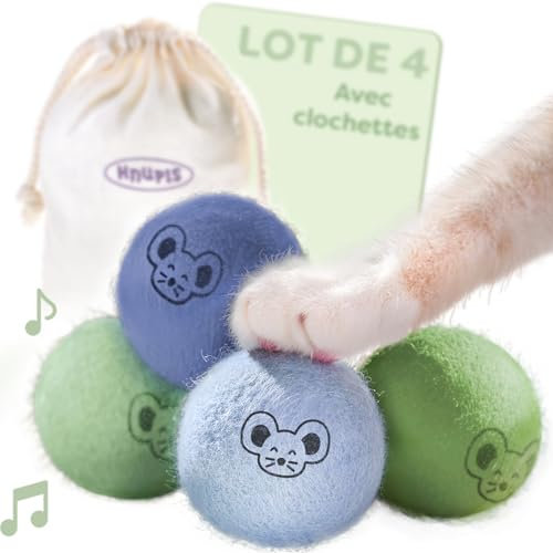 Knupis Katzenbälle mit Glöckchen – 4 Bälle Wolle – Nachhaltiges Katzenspielzeug mit leuchtenden Farben & sanftem Klang – Inkl. Aufbewahrungsbeutel