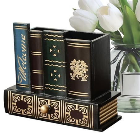 Porte-stylo en forme de livre – Organiseur de bureau – Rétro Vintage Faux livre en bois en forme de faux livre Organisateur de bureau pour étude bibliothèque