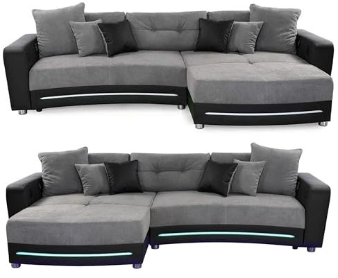 Multimedia Ecksofa B322/T190/H88 cm mit RGB-LED Beleuchtung, Soundsystem inkl. Bluetooth, USB, AUX-in, Couch spiegelverkehrt montierbar, Korpus Kunstleder Schwarz u. Bezug Mikrofaser Grau / 15411