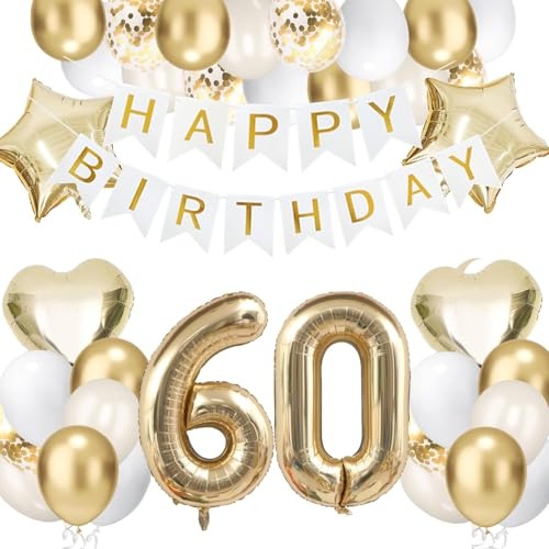 60 Geburtstagsdeko Gold, Folienballon 60 Happy Birthday Banner Hellgold Stern Herz Luftballons Sandweiß Gold Geburtstag Deko Konfetti Balloons fü Jahre Männer Frauen