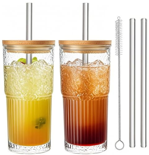 Haayymo 2 Pack 21oz Glass Cups with Lids and Straws, Glass Tumbler with Straw and Lid, Mason Jar Drinking Glasses for Iced Coffee Cups, Cold Beverages, Matcha, Smoothies, Juice(650ml)