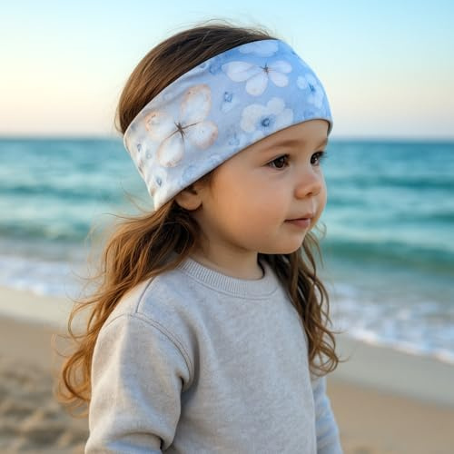 Wollhuhn ÖKO MINI Kinder Breites Elastisches Stirnband/Haarband Deutsche Herstellung Bequem Baumwolle (KU 48-52) (Blumen Zartblau)