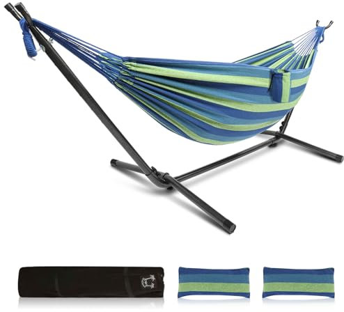 HOBBYZOO Hamac sur Pied, Capacité de Charge 250kg, Réglable en Hauteur, 305x109x104 cm, Support métallique - pour 1-2 Personnes (Bleu-Vert)