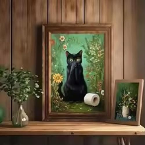 DHHXY Lienzo de pared para cuarto de baño de plantas retro, flores y plantas góticas, pato de gato, papel higiénico, póster, pintura en lienzo, arte de pared, 50 x 75 cm, sin marco