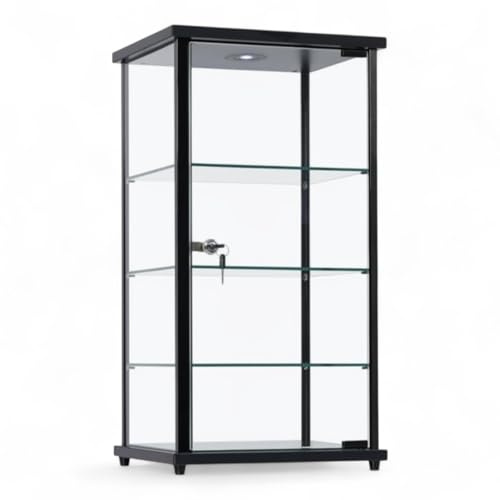 Premium Lockable Display Cabinet with Glass Countertop – 3 Glass Shelves & LED Light – Aluminum Frame Showcase for Retail, Jewelry, Collectibles – Compact Countertop Display (Black)