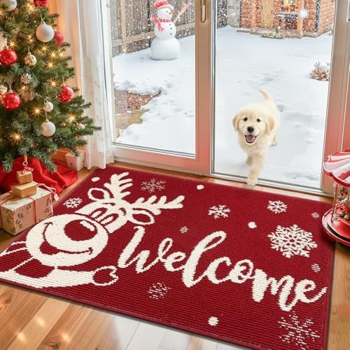 SHACOS Weihnachten Fußmatte Innen Fussmatte Aussen Schmutzfangmatte, Schlingenflor rutschfeste Fußabtreter, Fussmatten Haustür, Eingangsteppich, Geschenke zur Weihnachtsdekoration, Elch, 80 x 120 cm