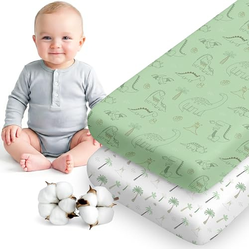 Dreamzie - 2er Set Spannbettlaken 70x140 cm Babybett - Baumwolle | Dino Weiß/Salbei · 70x140 cm · Kinderbett · Soft · Atmungsaktiv · Oeko-Tex