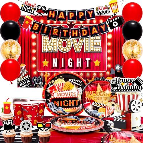 Filmabend Geburtstag Deko,68 Stück Film Thema Party Dekorationen Filmabend Partygeschirr-Banner Tortendeko Tellern Servietten etc Movie Night Zubehör