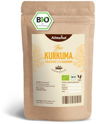 Bio Kurkuma Pulver mit 5% Kurkumin 500g | sorgfältig vermahlen | 100% reine Bio-Wurzel | intensives und aromatisches Pulver | Achterhof