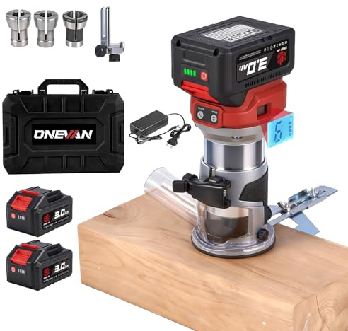 ONEVAN Fresatrice batteria, profondità 30mm, con 3 pinze e 2x 3,0Ah | 6 velocità, brushless, display digitale, pinze 6/6,35/8 mm, collegabile all'aspiratore [produzione di mobili] [fai-da-te]