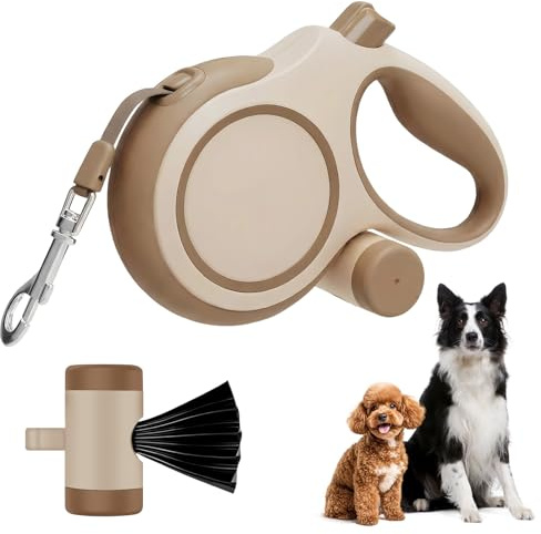 Ecofocet 8 m rullande hundkoppel, rullkoppel för medelstora och stora hundar (upp till 50 kg), anti-bett hundkoppel med en kudde stoppa stopp och väska dispenser (brun, 8 m)