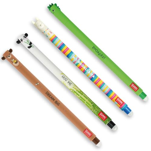 LEGAMI - Set mit 4 Gel-Radierstiften, Motive Dino, Teddybär, Panda, Lama, Kugel am Ende zum Entfernen der Tinte, Schwarz, Blau, Grün, Rot, Temperaturempfindlich, Spitzendurchmesser 0,7 mm