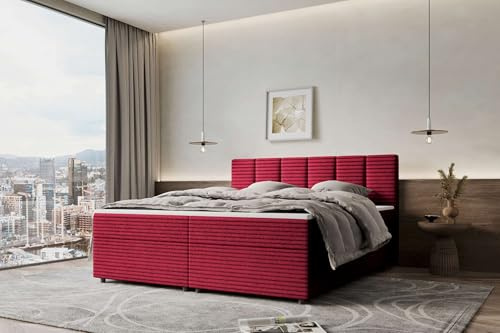 99rooms Bergamo Boxspringbett Doppelbett Ehebett Cordstoff AMBIENCE Rot 180x200 cm Komfortschaum Topper 6 cm, Bonellfederkern-Matratze 19 cm