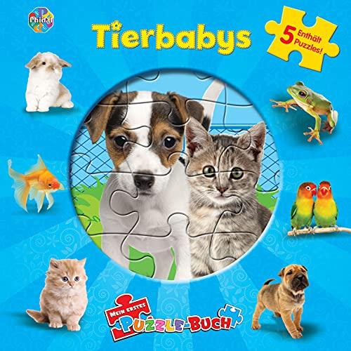 Phidal Tierbabys Mein erstes Puzzle-Buch - Rätselbuch für Kinder – 10-seitiges wattiertes Pappbilderbuch, 5 Puzzles zum Spielen und Lernen