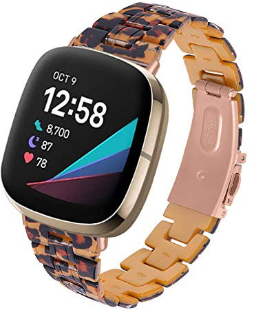 Gimart Compatible with Fitbit Versa 3 Strap for Women Men, Slim Metal Stainless Steel Versa 3 Band Replacement Watch Strap Resin Wristband Bracelet for Fitbit Sense Smartwatch (Leopard)