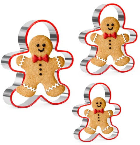 Gingerbread Man Cookie Cutters Set, 3 PCS Gingerbread Man Biscut Cutters Set Stainless Steel Christmas Cookie Cutters with Red Environmental PVC Edge