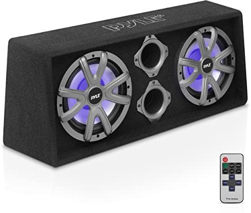 Pyle 10 Dual Subwoofer Box System - Slim Mount Truck & Car Audio Subwoofer Box - Rear Vented Design w/Built-in Illuminating LED Lights, 2x500 Watts