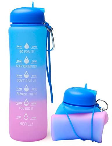 Motivational Water Bottle with Time Markings - 0.6 Litre Foldable Collapsible Gym and Sports Silicone Water Bottle - Running Drinks Bottle For Women, Men, Girls, Boys, Cycling, Hiking, Travel