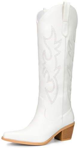 Pasuot Western Cowboy Boots for Women - Knee High Wide Calf Cowgirl Boots, Slip On Pointed Toe Chunky Heel Fashion Retro Classic Pull On Tall Boot for ladies Party concert White US 7.5