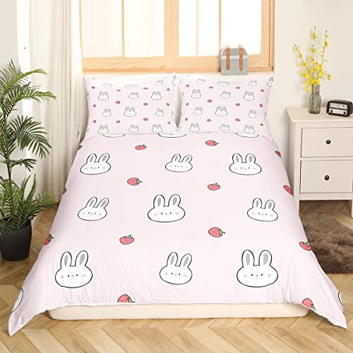 Erdbeer Bettwäsche 155 x 220 Niedliche Kaninchen Bettbezug Kawaii Tier Bettwäsche Set für Kinder Jungen Süße Frucht Bettbezug Mädchen Pastell Rosa Bettwäsche Set mit 2 Kissenbezüge,Leichtes Weich