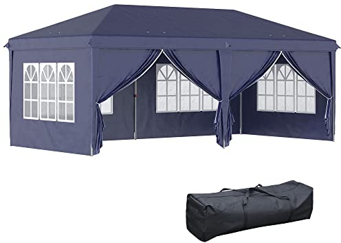 Outsunny Pavillon 6x3 m Stabil Winterfest Gartenpavillon, Partyzelt mit Seitenteilen Fenster, Tür, Tasche Gartenzelt Festzelt für Camping Garten Festival, Blau