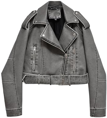 LY VAREY LIN Damen-Kurzjacke aus Kunstleder mit Reverskragen, Reißverschluss, Gürtel, Biker-Design