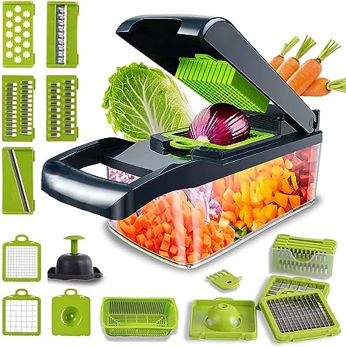 SGAONSN 22 in 1 Vegetable Chopper,Kitchen Mandoline with 1.2L Container & Draining Basket,Vegetable Chopper Onion Chopper&Dicer|Spiralizer,Lemon Squeezer,Egg Seperator-Ultimate Kitchen Gadget (Grey)