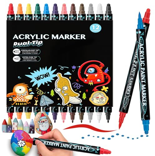 SHUBEIEUMI Acrylic Paint Pens Paint Markers, 12 Colors Acrylic Dot Markers Pen Dual Tip, Paint Marker Pen Set for Rocks Painting, Ceramics, Fabric, Pumpkins, Mugs, Making Art Supplies Colouring