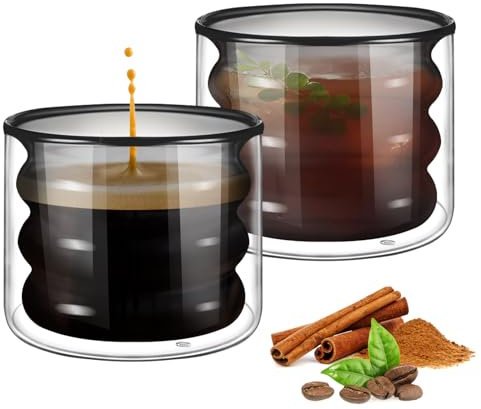 ecooe Schwarz Besondere Wellenförmige Gläser - 120ml Espresso Gläser Doppelwandige Espressotassen Glas 2er Set, Doppelwandig Kaffeegläser Teegläser Espresso Tassen Set für Milch, Geschenk für Frauen