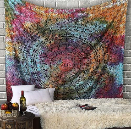 Craft Trade Mandala Mehrfarbig Wandteppich Indische Wandtuch Tapestry Wandbehang Boho Wandteppiche für Heimdeko Wohnzimmer und Schlafzimmer - 213 x 228 cm