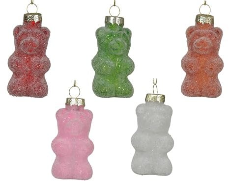 Christbaumschmuck Glas 8cm - 5er Set Gummibär Figuren zum Aufhängen - mit Perlen - Weihnachtsbaum Anhänger für Weihnachten - Christbaumanhänger & Weihnachtsbaumschmuck - Gummi Tiere Bär Bärchen