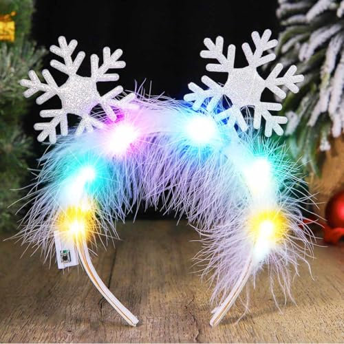 Zoestar Serre-tête lumineux de Noël à LED avec flocons de neige et plumes lumineuses - Accessoires de cheveux pour femme