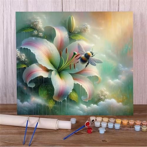 Malen Nach Zahlen Erwachsene Lilie Biene DIY Handgemalt Ölgemälde Set für Anfänger mit inklusive Pinsel und Acrylfarben Geschenke und Home Haus Deko(Ohne Rahmen) - 45x60cm