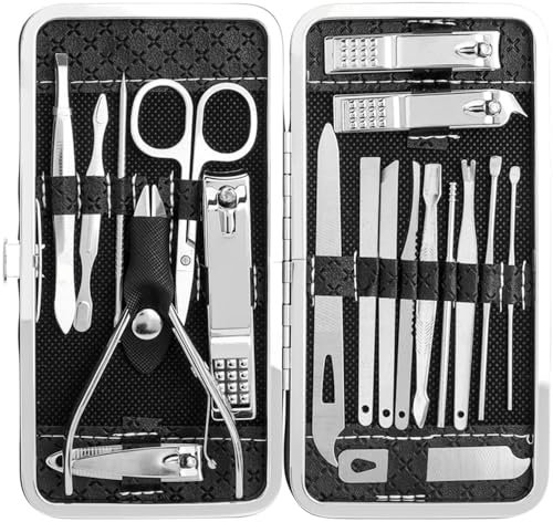Mesee Kit Manucure Pedicure Coupe Ongle Professionnel pour Ongle Épais et Incarné Coupe Cuticule en Boîte Set 19pcs Pince Coupe Ongle en Acier au Carbone pour Soin Main Pied Visage Oreille