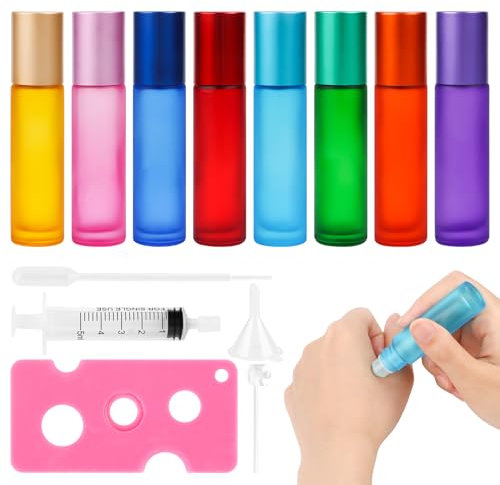 Feirdhoo Flacon Roll on en Verre 10ml, Lot de 8 Roll on Huiles Essentielles, Bouteilles d'huiles Essentielles pour Parfums, AromathéRapie Massage,Voyage