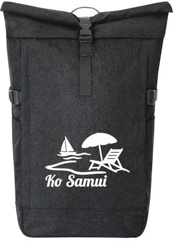 Huuraa Kurierrucksack Ko Samui Inselmotiv Thailand Geschenk | 30-44 Liter Backpack Black Melange Fairtrade Rolltop Rucksack Geschenkidee Schwarzer Laptop-Rucksack passend für 17-Zoll