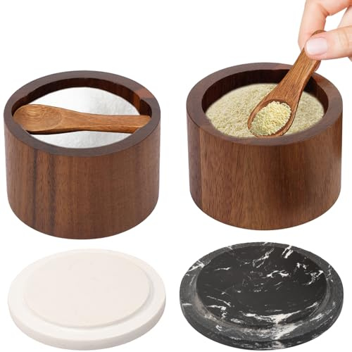 Set of 2 Acacia Wood Salt Cellar with Marble Lid - Natural Wooden Spice Box with Built-in Spoon - Pepper & Sugar Seasoning Container for Kitchen Countertop - Luxury Salt Pig & Pinch Bowl Set